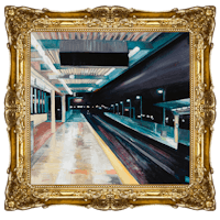 a painting of a train station in a gold frame