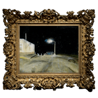 a painting of a night scene with a street light