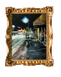 a painting of a street scene in a gold frame