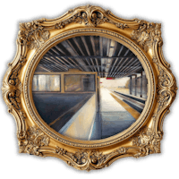 a painting of a train station in a gold frame