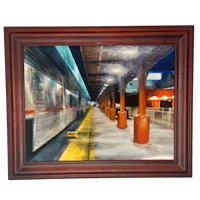 a painting of a train station in a framed frame