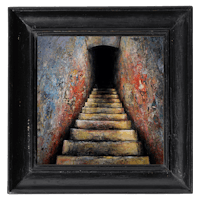 a painting of a staircase in a black frame